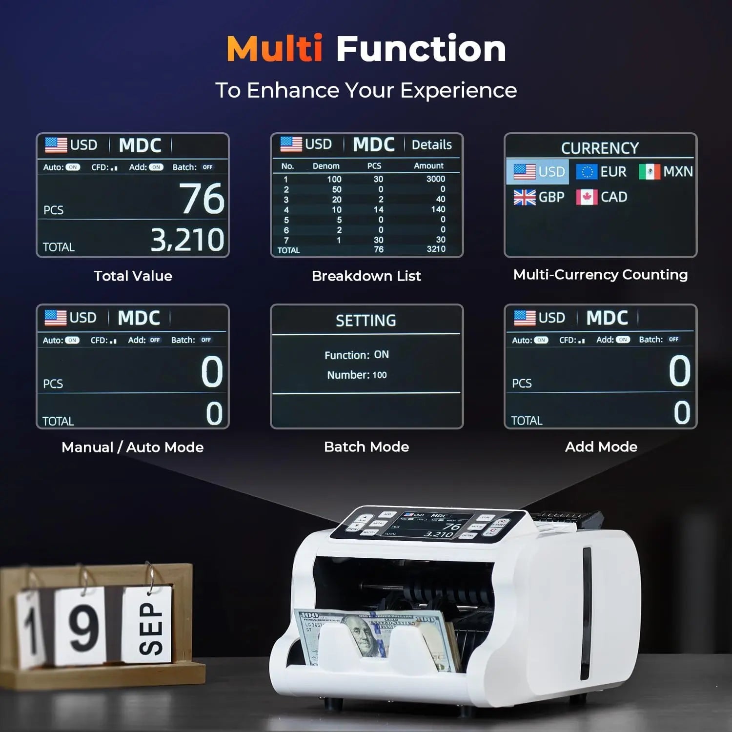 MUNBYN Money Counter Machine Mixed Denomination White IMC09