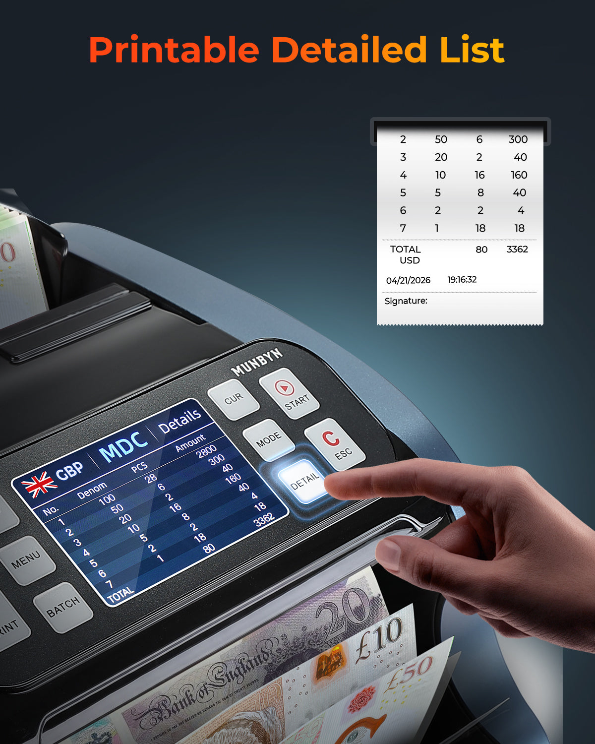 MUNBYN IMC22 money counter with printable detailed list