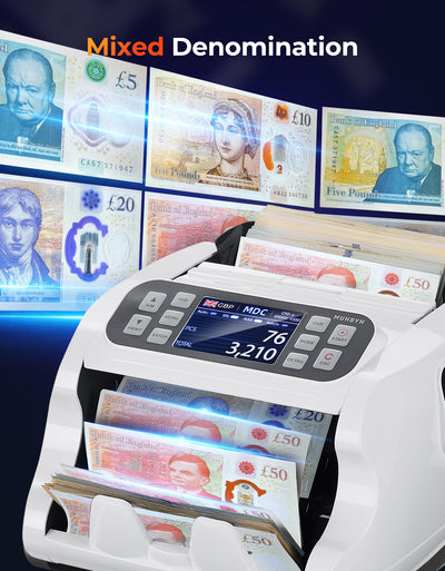 A white mixed denomination banknote counter