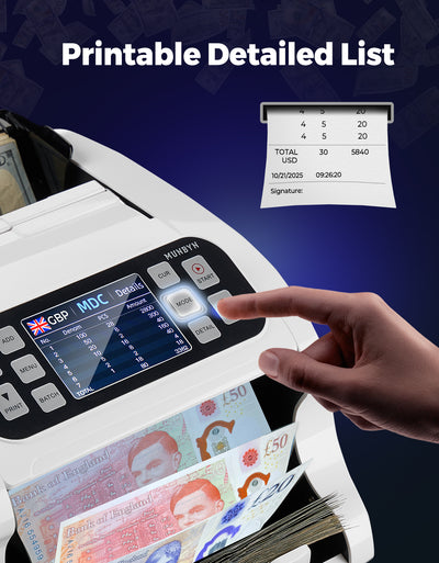 A close-up of a white and black currency counter