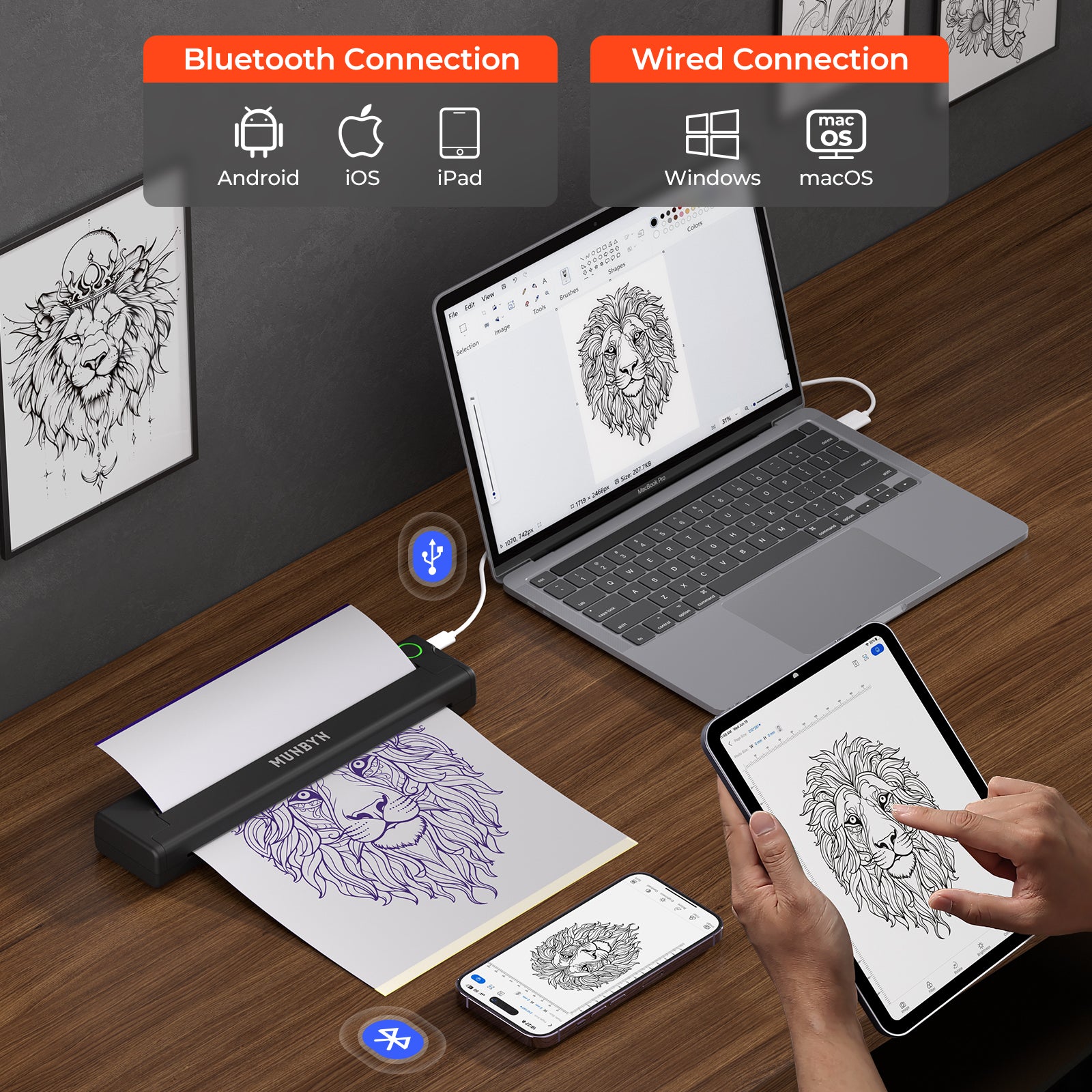 Connect via Bluetooth for mobile devices or USB for computers.