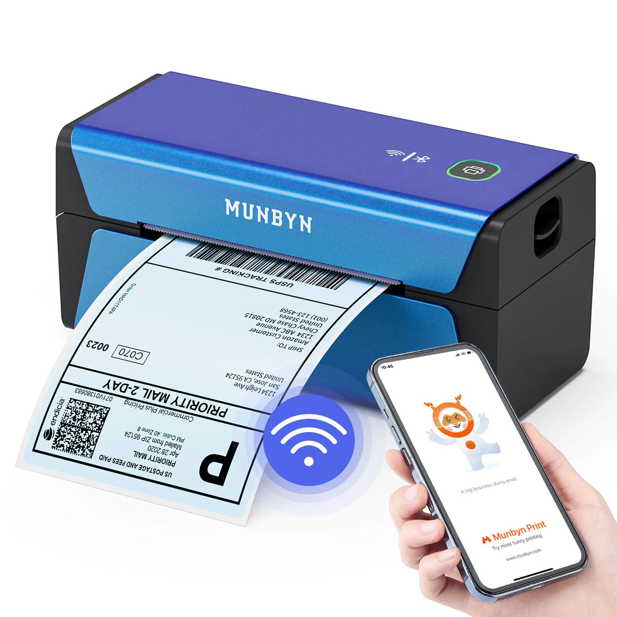 MUNBYN Voice Controlled Wireless Thermal Label Printer P44S connects to mobile phones using WiFi.
