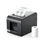 Black receipt POS printer P072 with a printed label and a roll of paper
