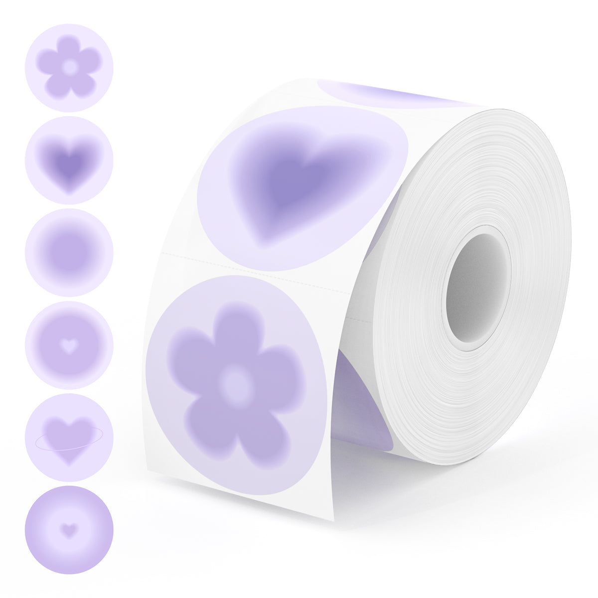 Elevate your labeling game with MUNBYN's 6-in-1 Purple Decorative Round Label Rolls, where each roll has six charming purple patterns. 