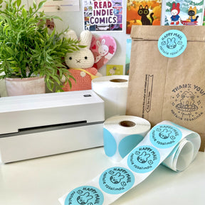 MUNBYN blue circle labels can be printed as personalized stickers using MUNBYN P130 thermal printer.