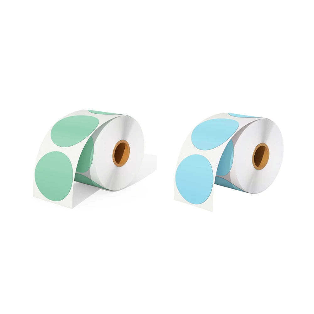 A roll of green circle thermal labels and a roll of blue circle thermal labels