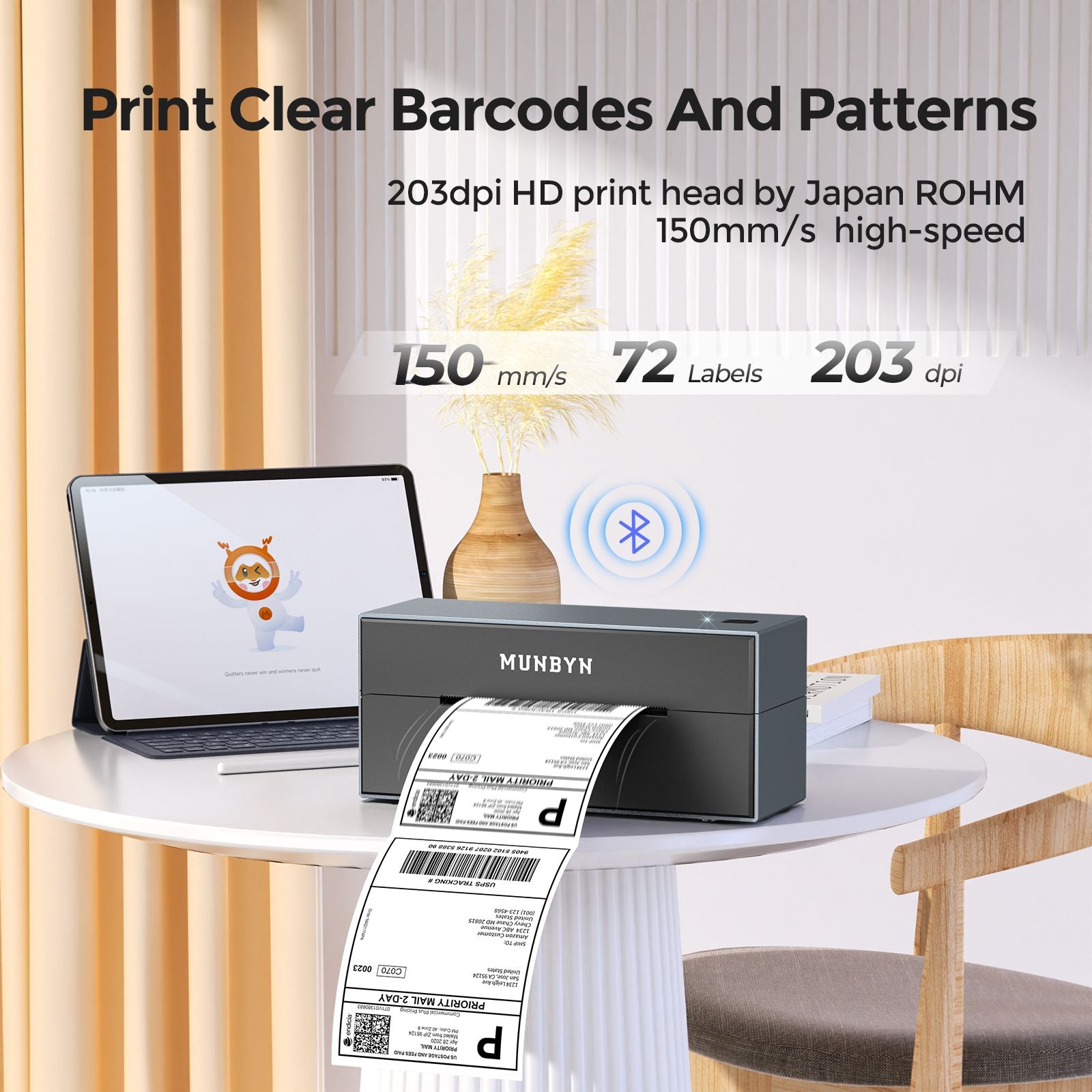 MUNBYN Bluetooth thermal shipping label printer can print at the speed of 150mm/s with 203DPI.