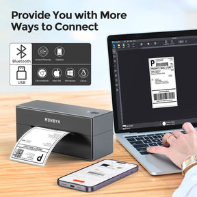 MUNBYN P129 thermal printer features a Bluetooth connectivity option that allows users to print labels wirelessly from their smartphones or tablets, and can print labels via USB to connect with computers.