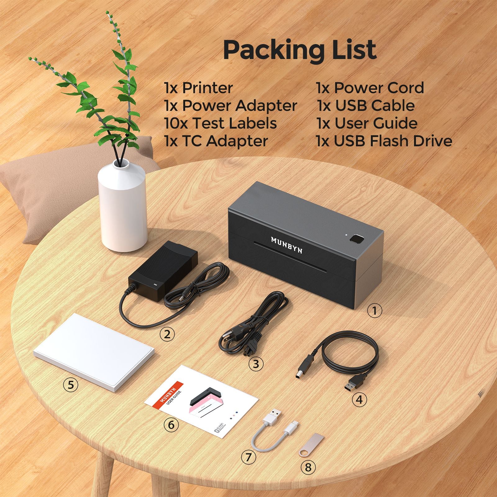 The packing list of Munbyn Bluetooth thermal sticker label printer.