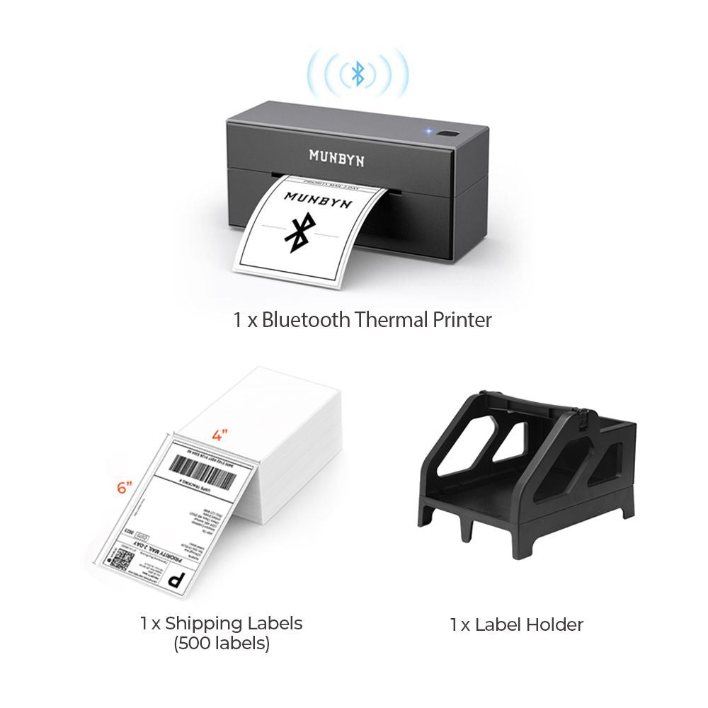 The MUNBYN P129 Bluetooth printer kit includes a black Bluetooth printer, a stack of shipping labels and a black label holder. Perfect for printing shipping labels for various logistics companies, including Royal Mail.
