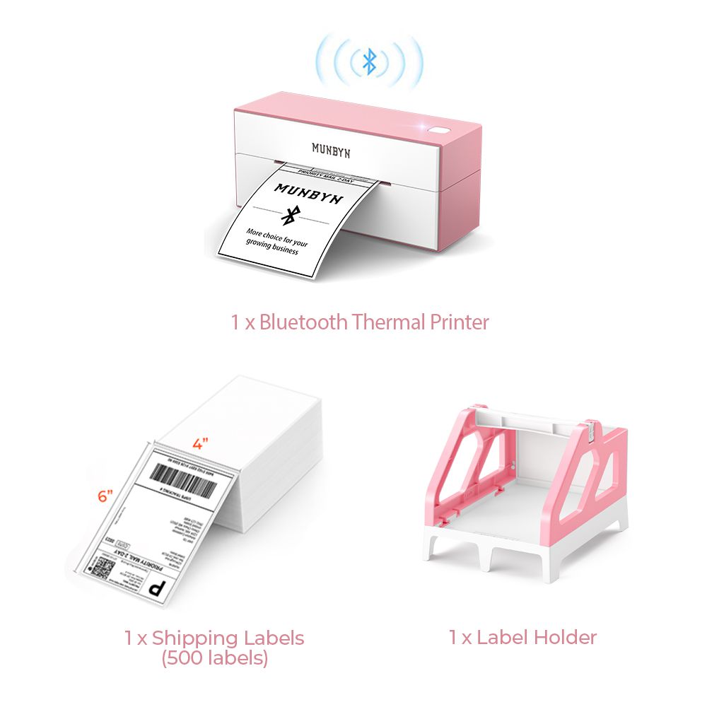 The MUNBYN P129 Bluetooth printer kit includes a pink Bluetooth printer, a stack of shipping labels and a pink and white label holder. Ideal for small businesses to print shipping labels for a variety of logistics companies, including Royal Mail.