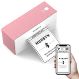 Pink wireless thermal label printer printing shipping label, shown with smartphone connection