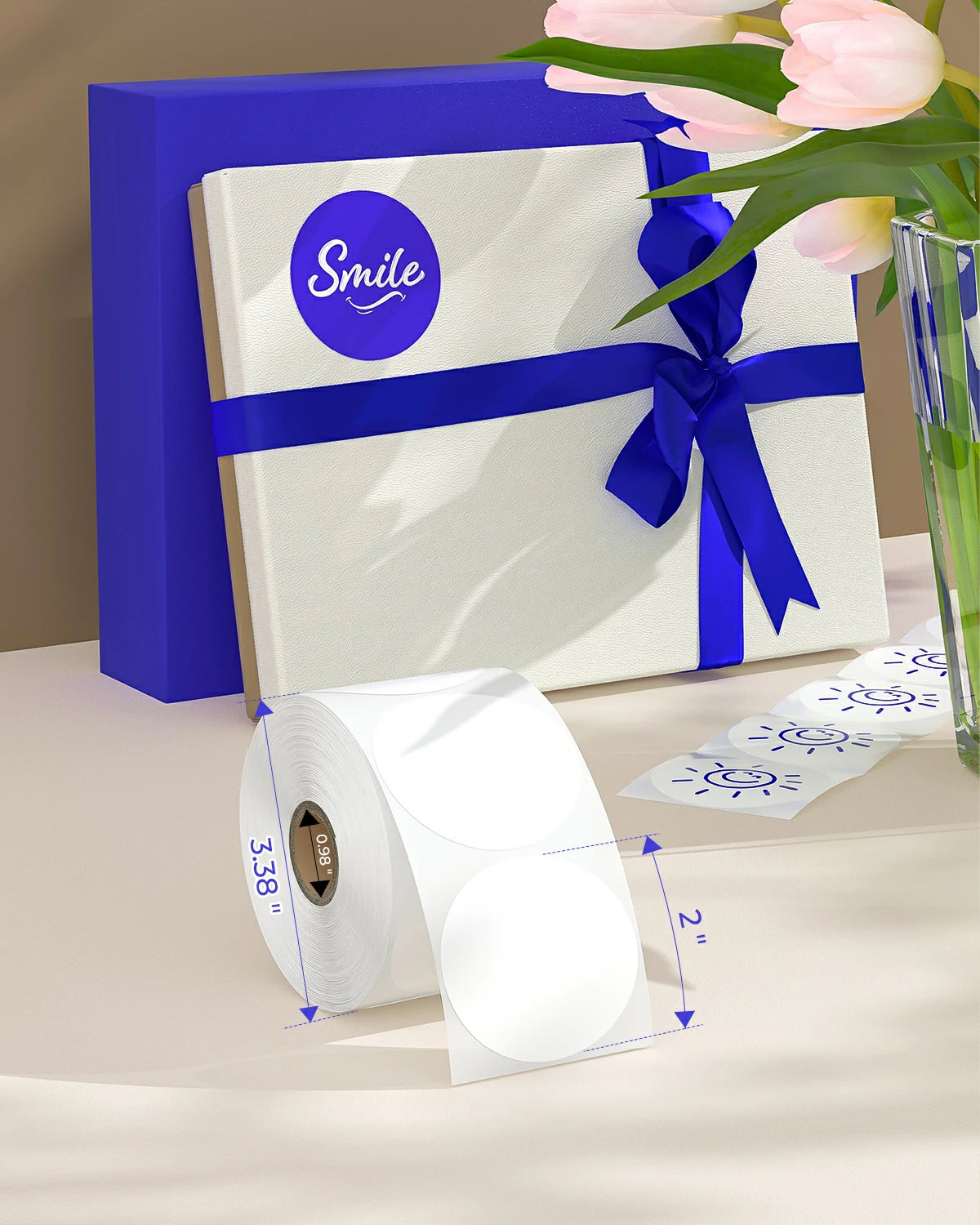  The size of the MUNBYN blue on white round thermal label is 50mm.