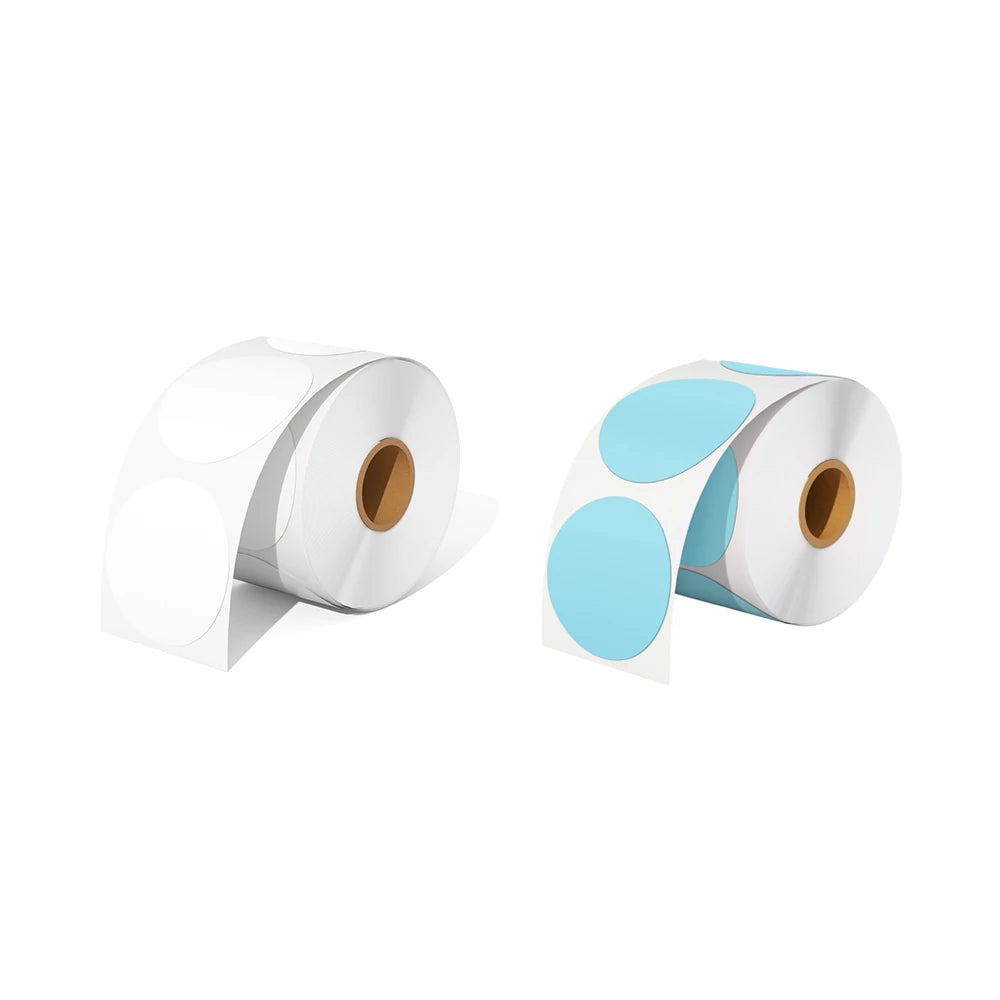 A roll of white circle thermal labels and a roll of blue circle thermal labels