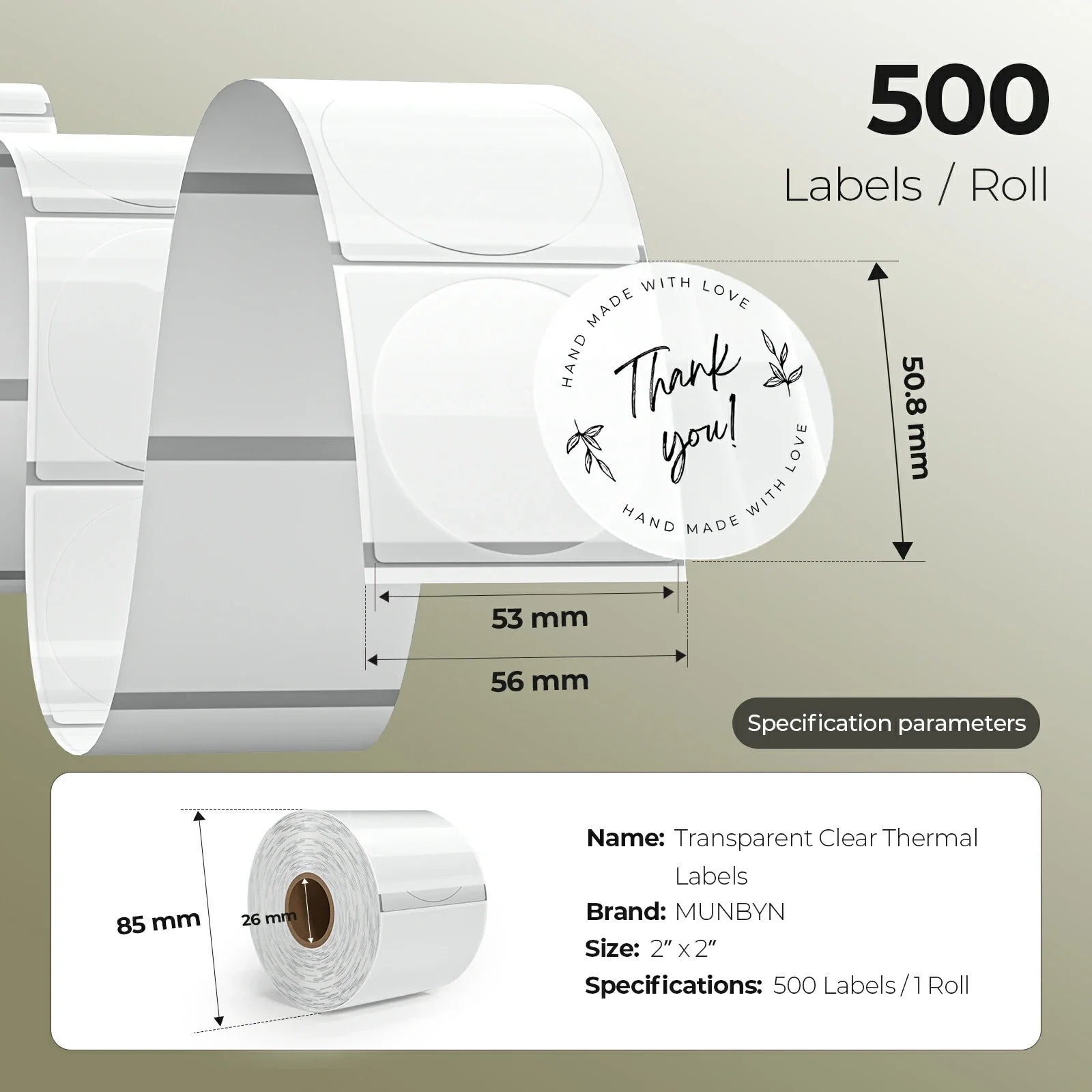 MUNBYN transparent thermal labels are 51mm x 51mm, with 500 labels per roll.