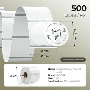 MUNBYN transparent thermal labels are 51mm x 51mm, with 500 labels per roll.