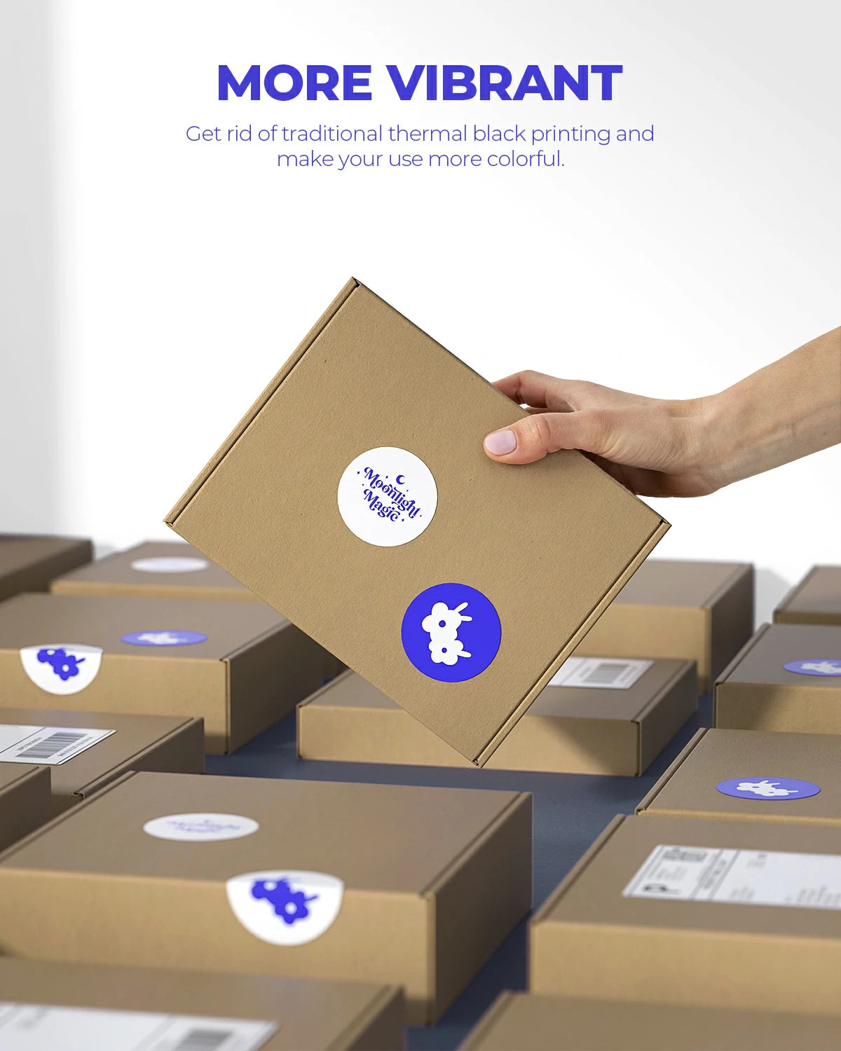  MUNBYN 50mm blue printing thermal label stickers make the packages more colorful and eye-catching.