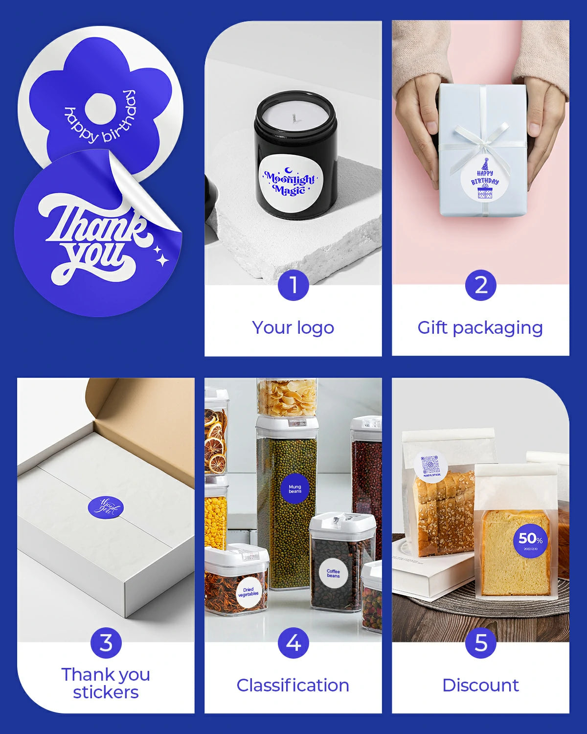 MUNBYN 50mm Colour Printing Thermal Label Stickers can be used for logo, packaging, classification, stickers and discounts.