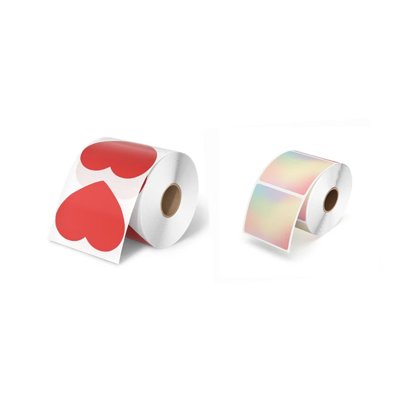 MUNBYN's customizable red heart-shaped thermal labels and mixed-color square thermal labels