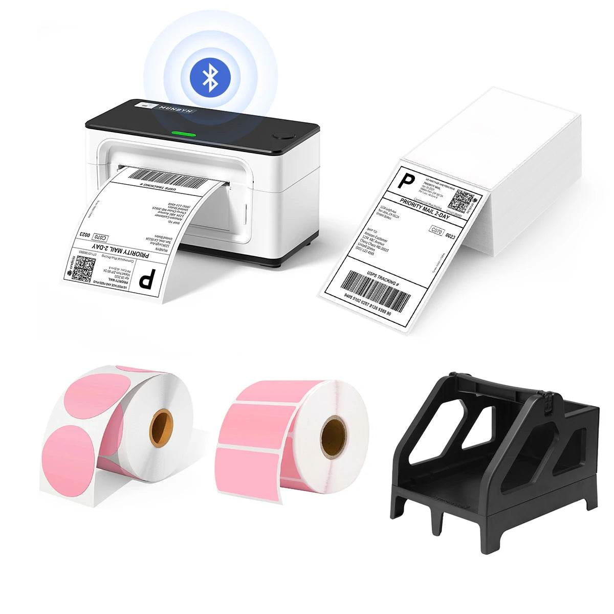 MUNBYN P941B white printer kit includes a label printer, a balck label holder, two rolls of pink labels and a stack of shipping labels.