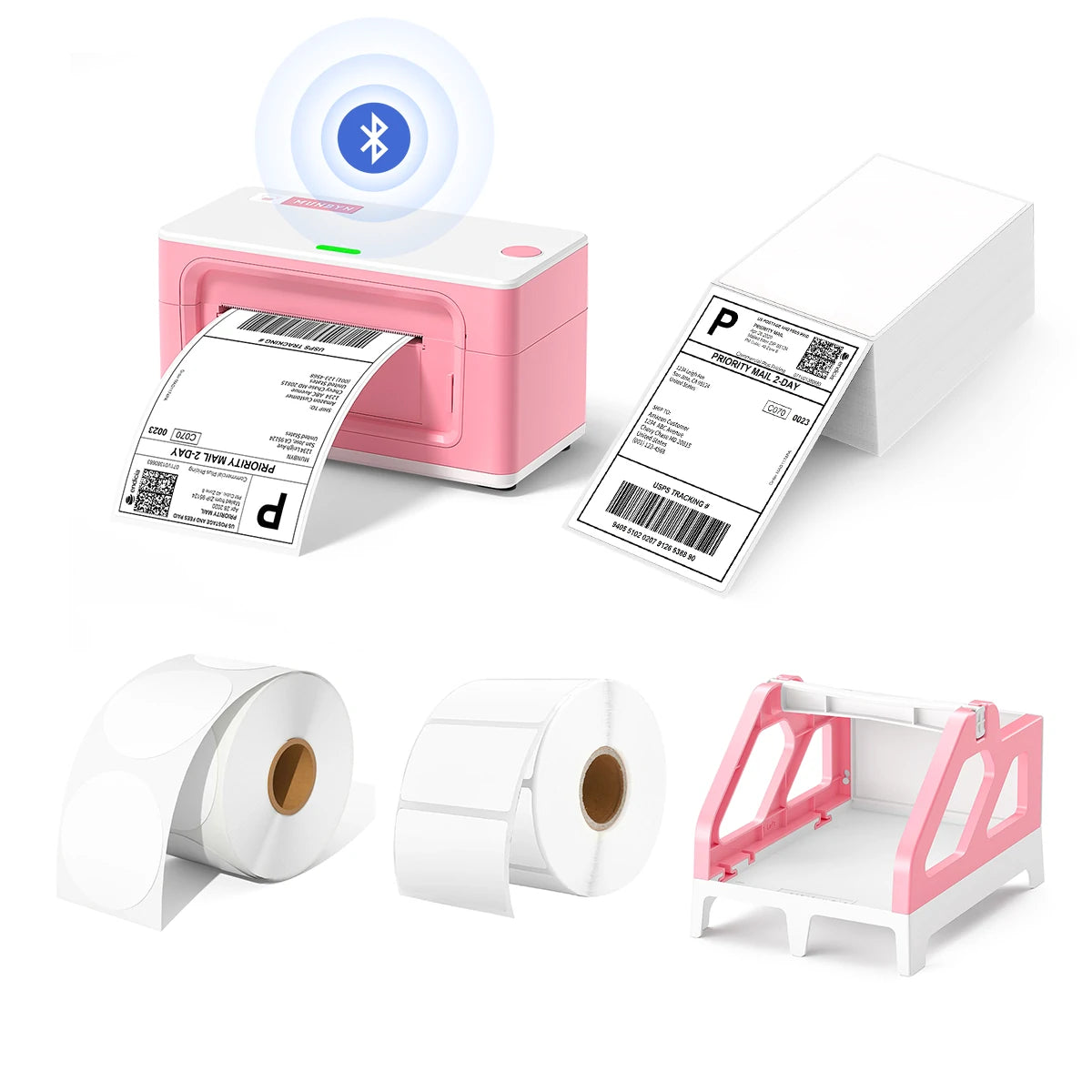 MUNBYN P941B pink printer kit includes a label printer, a stack of shipping labels, a label holder and two rolls of blank labels.