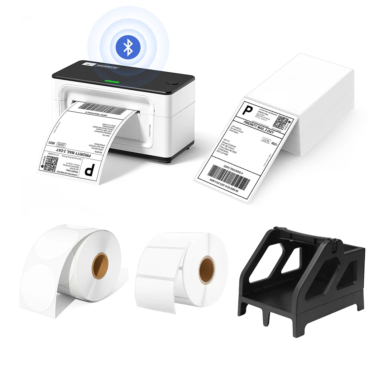 MUNBYN P941B white printer kit includes a label printer, a balck label holder, two rolls of blank labels and a stack of shipping labels.