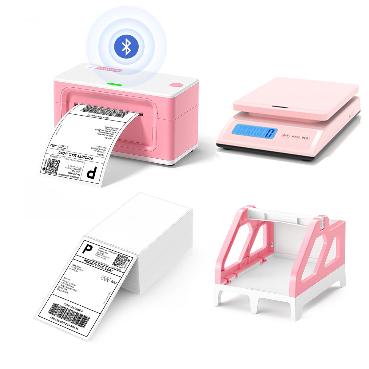 MUNBYN P941B Bluetooth thermal printer kit includes a thermal printer, a stack of shipping labels, a shipping scale, and a label holder.