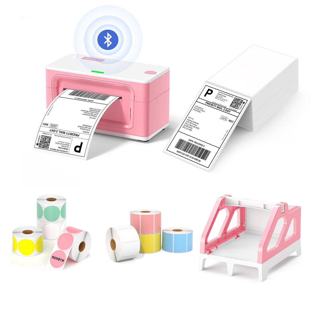 MUNBYN P941B pink printer kit includes a label printer, a stack of shipping labels, a label roll holder, and eight rolls of coloured labels.