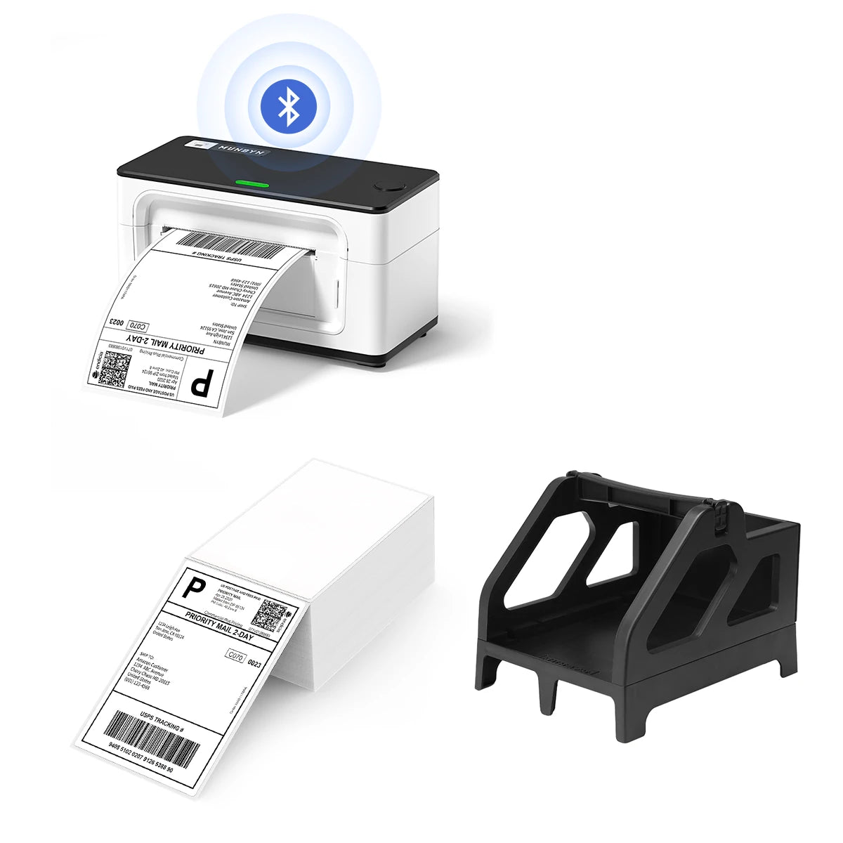 MUNBYN P941B white printer kit includes a label printer, a balck label holder and a stack of shipping labels.