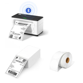 MUNBYN P941B white printer kit includes a label printer, a roll of circle labels and a stack of shipping labels.