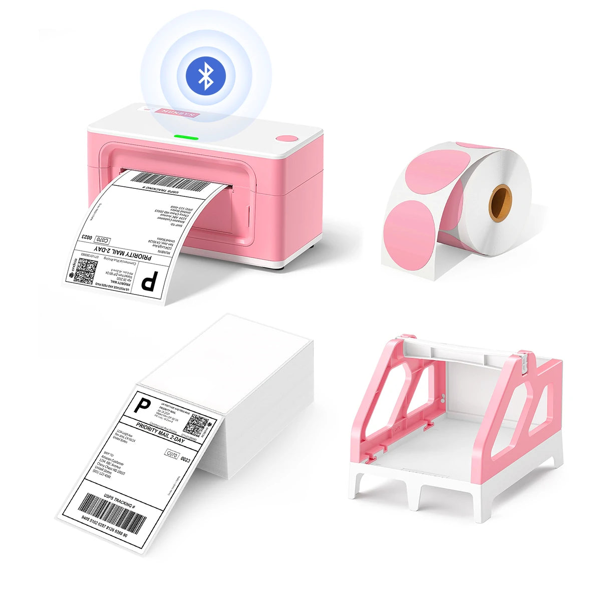 MUNBYN P941B pink printer kit includes a label printer, a stack of shipping labels, a label holder and a roll of circle labels.