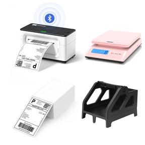 MUNBYN P941B white printer kit includes a label printer, a balck label holder, a shipping scale and a stack of shipping labels.