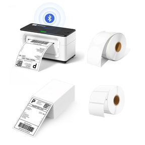 MUNBYN P941B white printer kit includes a label printer, two rolls of blank labels and a stack of shipping labels.
