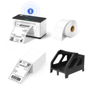 MUNBYN P941B white printer kit includes a label printer, a balck label holder, a roll of circle labels and a stack of shipping labels.