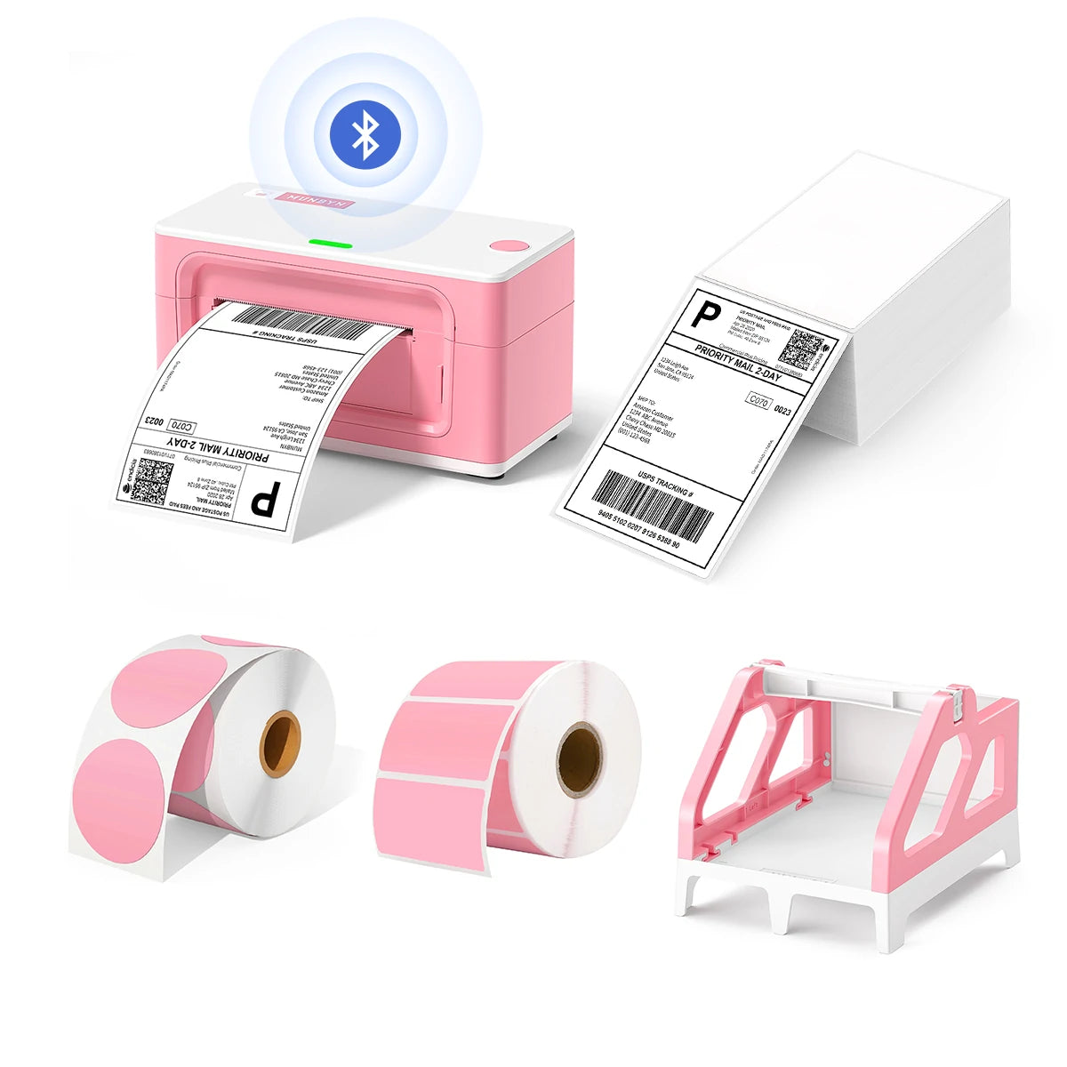 MUNBYN P941B pink printer kit includes a label printer, a stack of shipping labels, a label roll holder and two rolls of pink labels.