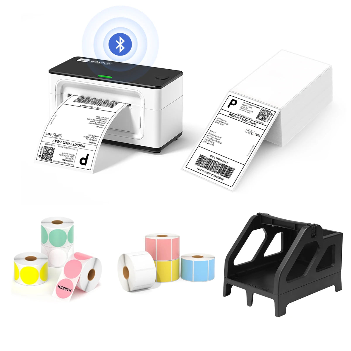 MUNBYN P941B white printer kit includes a label printer, a balck label holder, eight rolls of coloured labels and a stack of shipping labels.