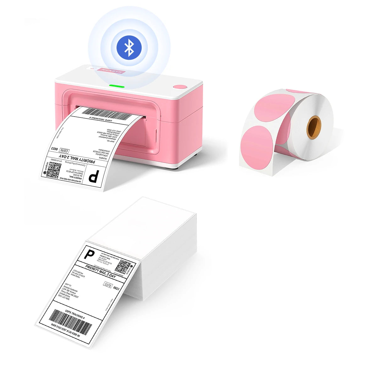 MUNBYN P941B pink printer kit includes a label printer, a stack of shipping labels, and a roll of circle labels.