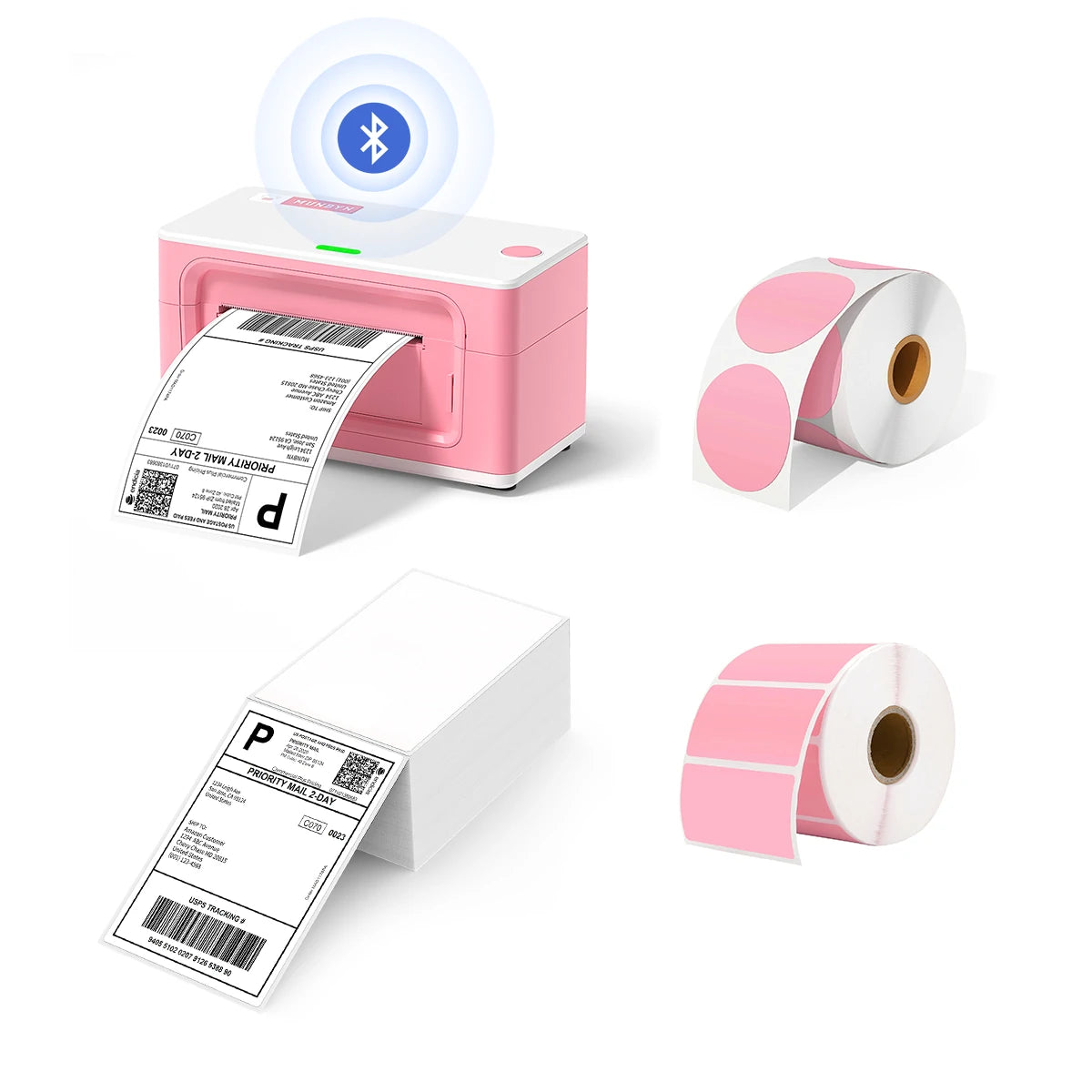 MUNBYN P941B pink printer kit includes a label printer, a stack of shipping labels, and two rolls of pink labels.