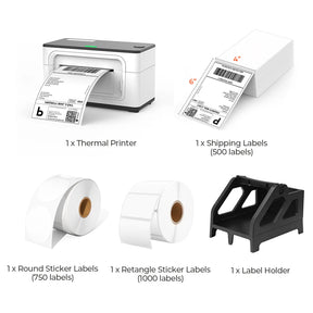The MUNBYN P941 white printer kit includes a white thermal label printer, a stack of shipping labels, two rolls of white thermal labels and a black label holder.