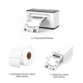 The MUNBYN P941 white printer kit includes a white thermal label printer, a stack of shipping labels, and a roll of white thermal labels.