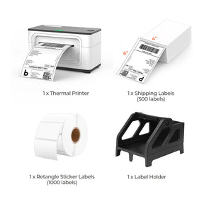 The MUNBYN P941 white printer kit includes a white thermal label printer, a stack of shipping labels, a roll of white thermal labels and a black label holder.