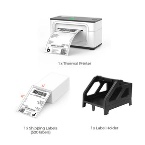 The MUNBYN P941 white printer kit includes a white thermal label printer, a stack of shipping labels, and a black label holder. 