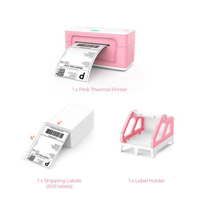 The MUNBYN P941 Pink Printer Kit includes a pink thermal label printer, a pink label holder and a stack of shipping labels.