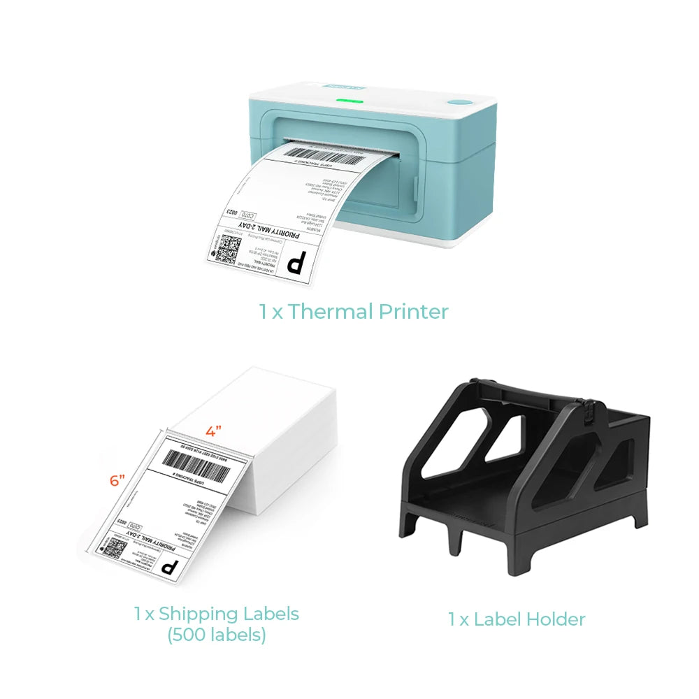 The MUNBYN P941 Green Printer Kit includes a green thermal label printer, a stack of shipping labels and a label holder.