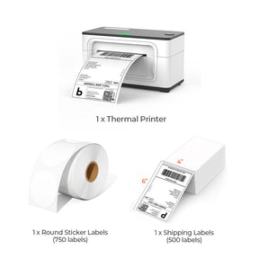 The MUNBYN P941 white printer kit includes a white thermal label printer, a stack of shipping labels, and a roll of white thermal labels. 