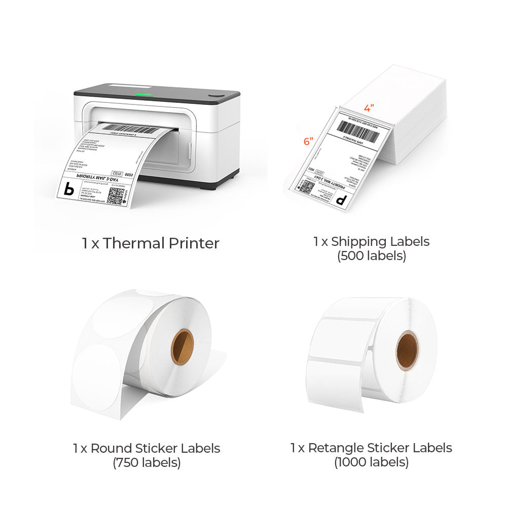 The MUNBYN P941 white printer kit includes a white thermal label printer, a stack of shipping labels, and two rolls of white thermal labels