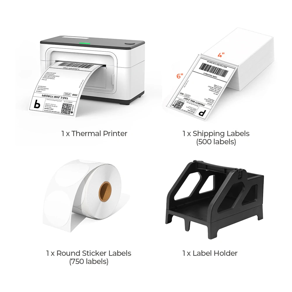 The MUNBYN P941 white printer kit includes a white thermal label printer, a stack of shipping labels, a roll of white thermal labels and a black label holder. 