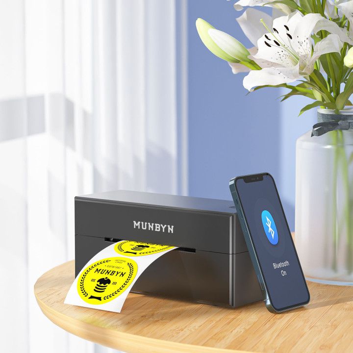 MUNBYN P129 thermal printer features a Bluetooth connectivity option that allows users to print labels wirelessly from their smartphones or tablets.