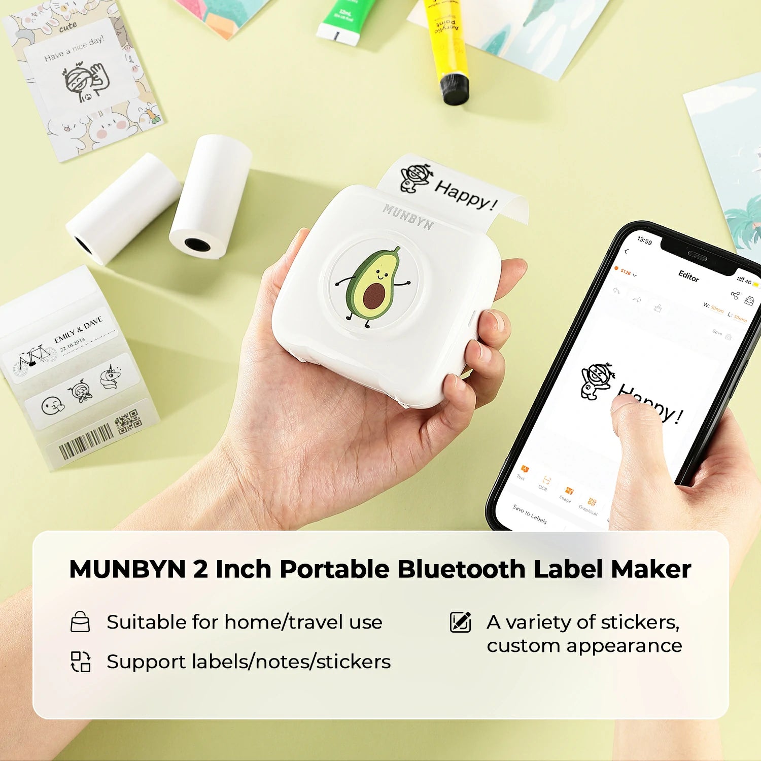 MUNBYN pocket thermal printer measures just 2 inches, small enough to fit comfortably in your pocket or bag.