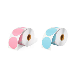 A roll of blue circle thermal labels and a roll of pink circle thermal labels